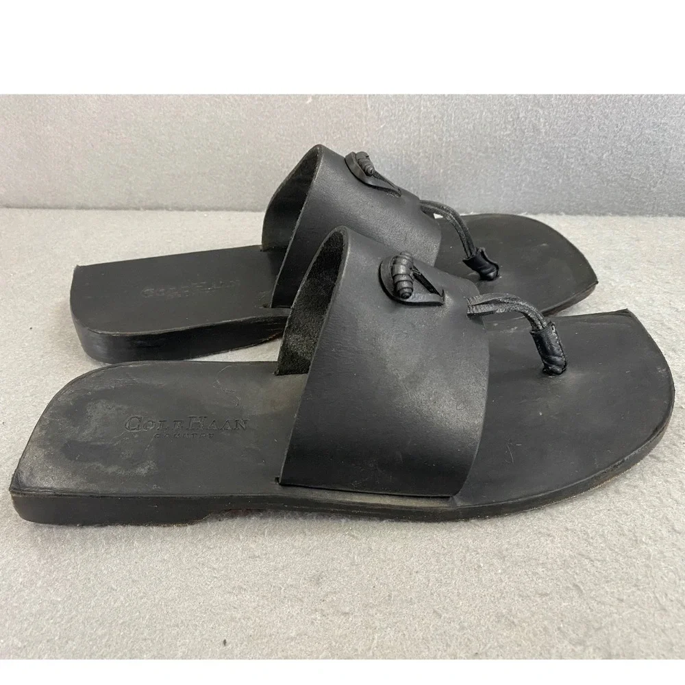 Cole Haan Country Women's 10B Black Leather Thong Sandals Knotted Slide Brazil